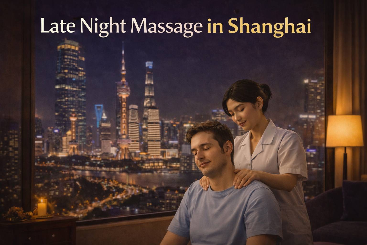 Shanghai downtown skyline at night with massage therapy concept
