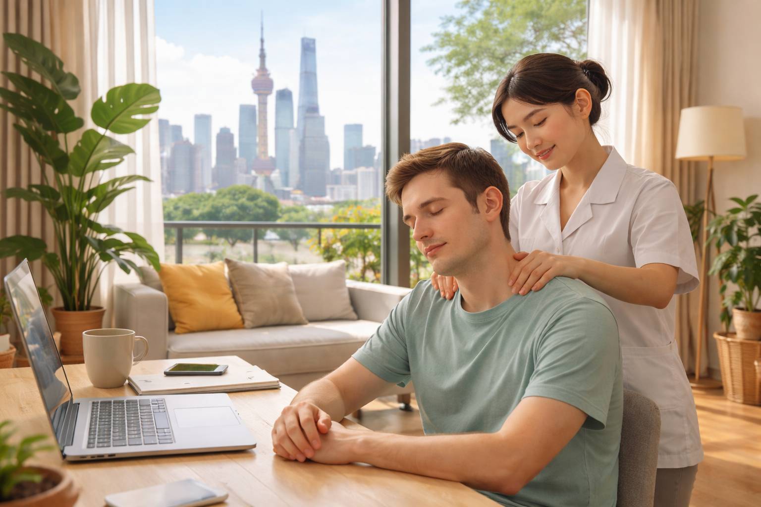 Remote worker receiving massage for desk-related back and neck pain