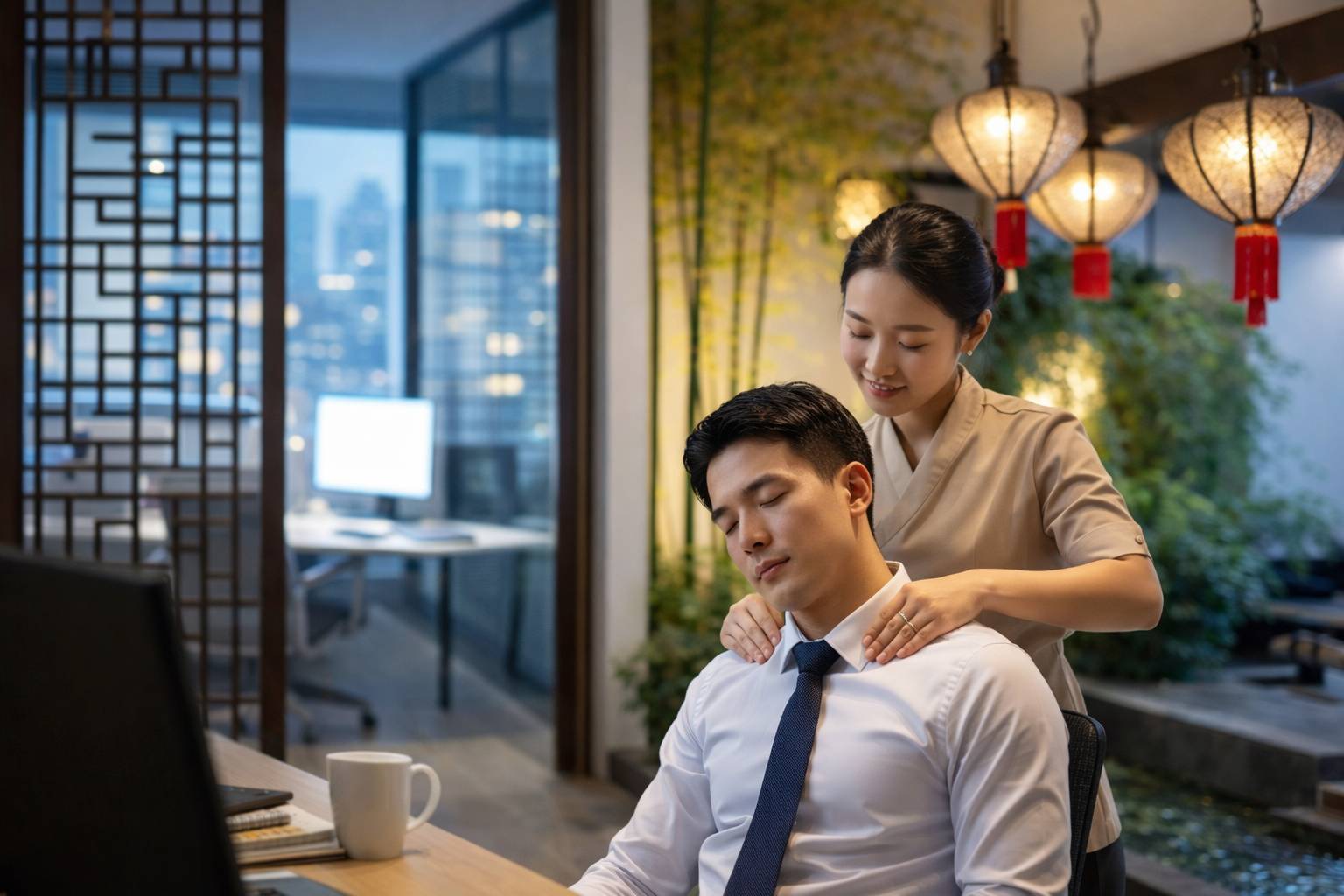 Office worker neck and shoulder massage relief in Shanghai