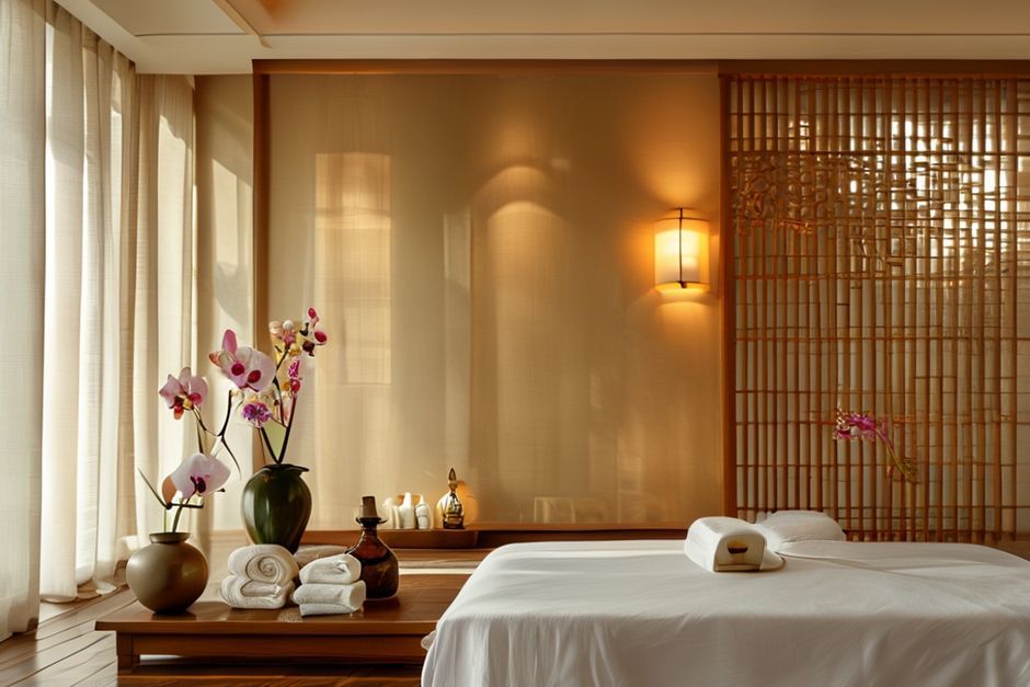 Luxurious Shanghai spa treatment room for business travelers with massage table and bamboo decor