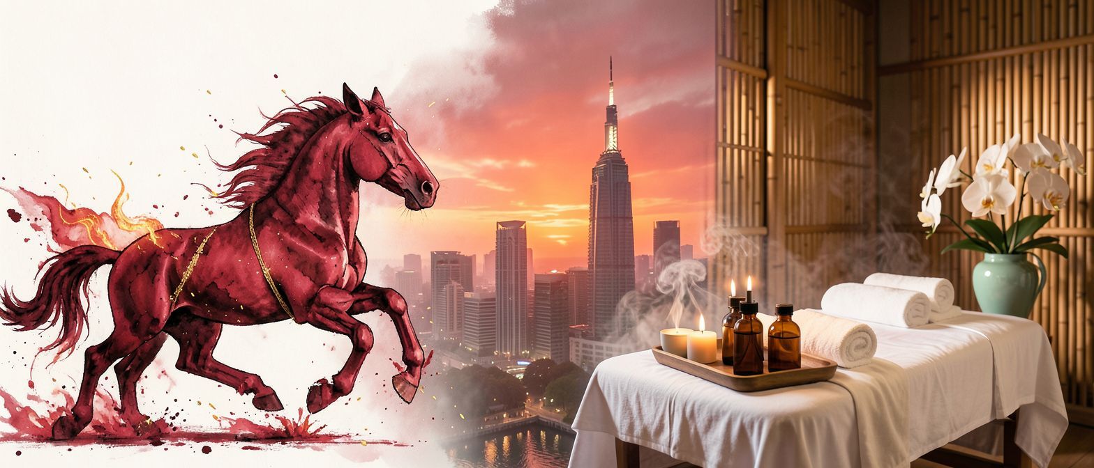 Year of the Horse themed wellness massage setting in Shanghai with traditional Chinese zodiac elements