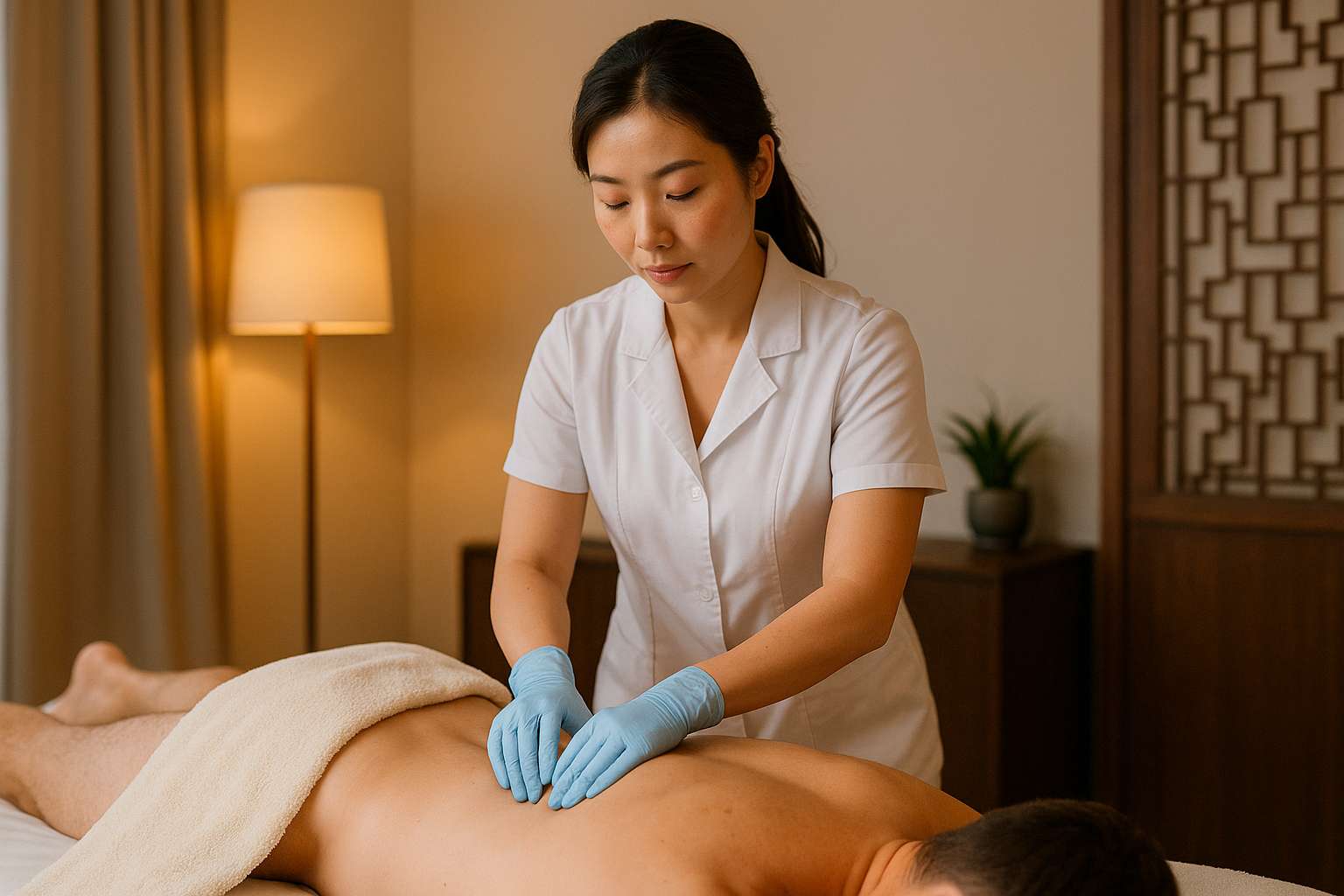 Therapist performing Shanghai prostate massage with medical gloves